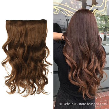 High Quality Ombre Brown Soft Long 24 inch Heat Resistant Fiber Wavy Clip in Hair Extension One Piece Synthetic Hair Extensions